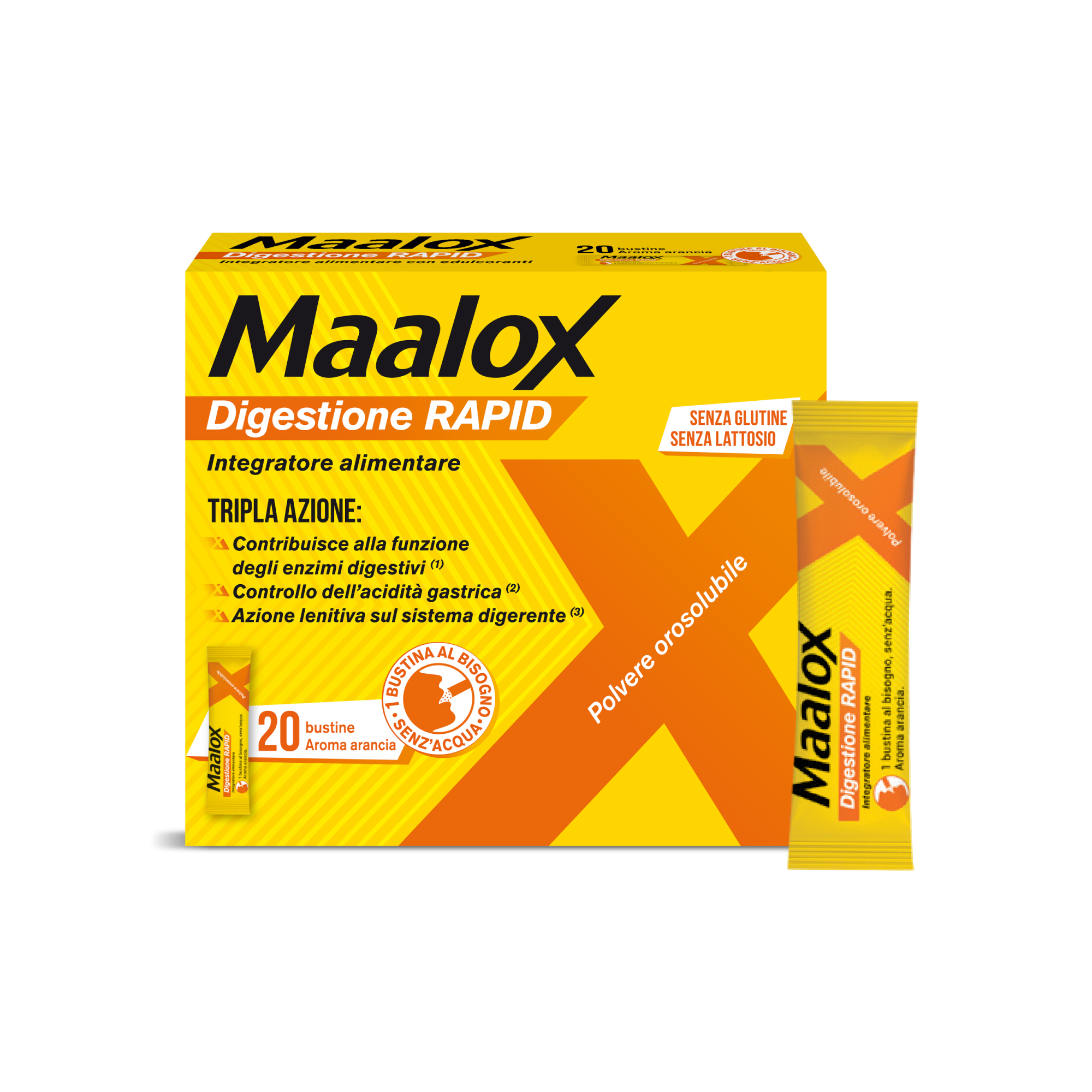 Maalox Digestione RAPID, Integratori, Cattiva Digestione, Acidità di Stomaco – Per Adulti e Bambini 6+, Gravidanza, Senza Glutine e Lattosio (20 Bustine) 