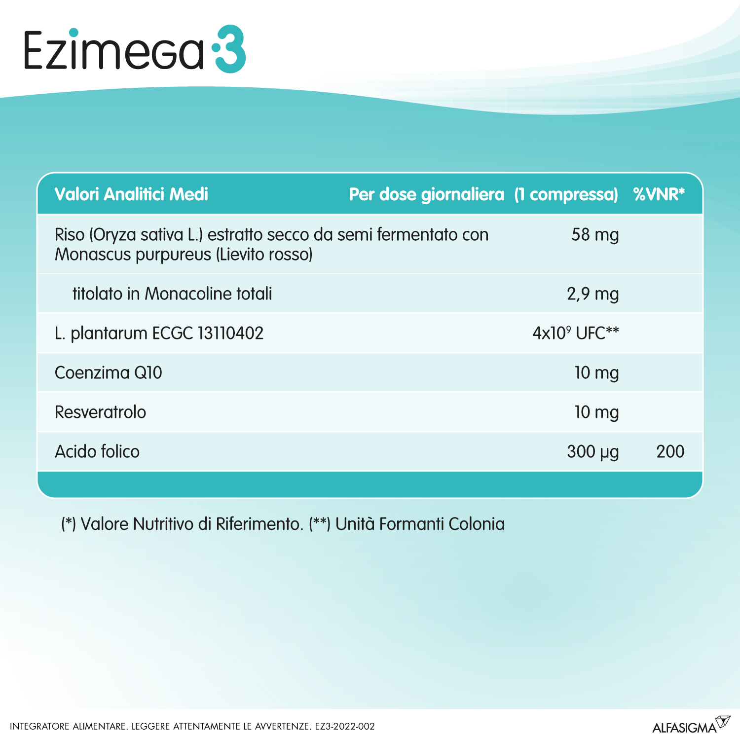 Ezimega 3, Integratore per il Colesterolo a Base di Monacolina K, Resveratrolo, Coenzima Q10, Lp-Ldl Probiotico Lactobacillus Plantarum, Acido Folico, utile per il controllo di colesterolo e trigliceridi, 20 Compresse