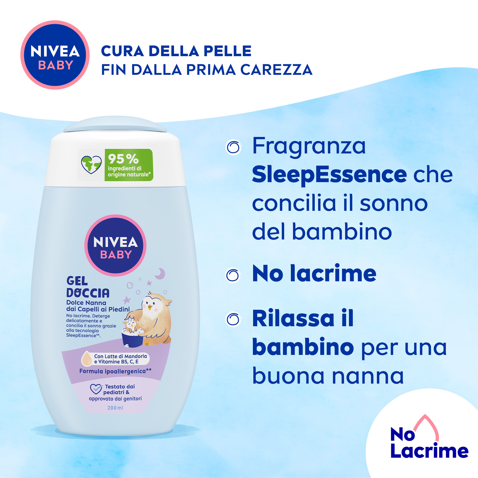 Nivea Baby Gel Doccia Dolce Nanna dai Capelli ai Piedini 200 ml, Detergente neonato corpo e capelli