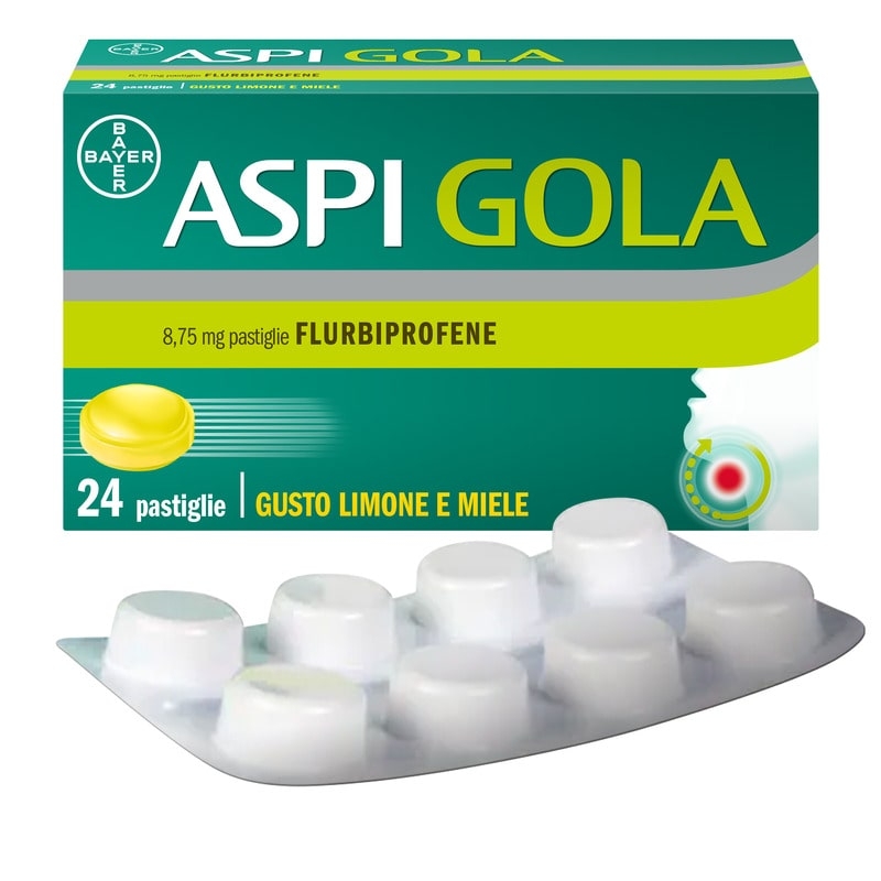 Aspi Gola Pastiglie per la gola infiammata, con 8,75 mg di Flurbiprofene, contro Faringite e Mal di gola, Gusto Limone e Miele 24 Pastiglie Orosolubili