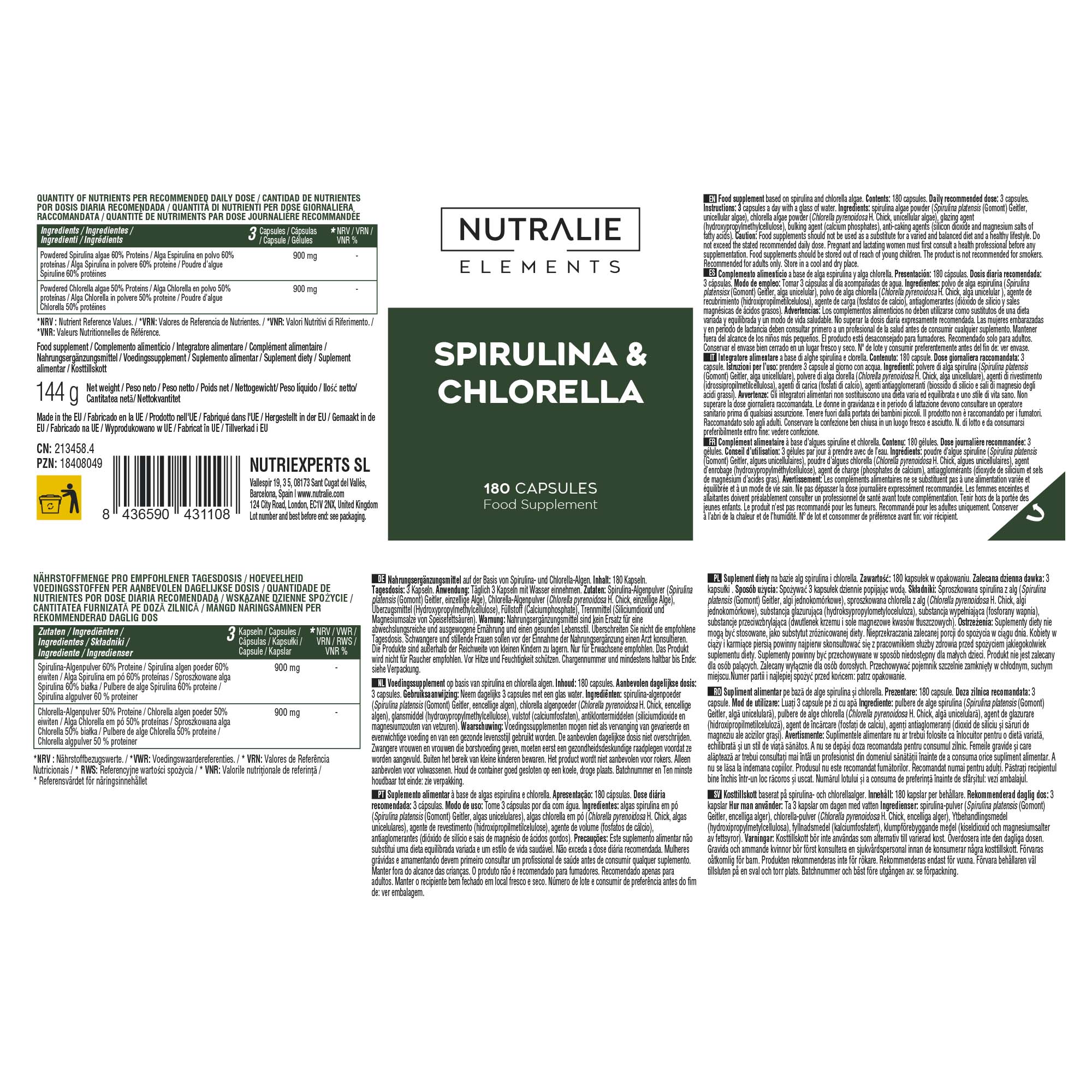 Nutralie Spirulina E Clorella 180 Capsule - Integratore Di Spirulina E Clorella