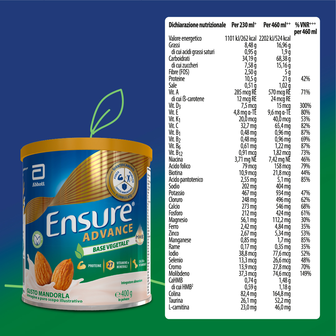 Ensure Advance Base Vegetale, integratore alimentare con Proteine Vegetali. Formato 400g, gusto Mandorla 