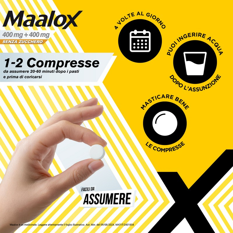 Maalox 400+400 MG, contro acidità di stomaco occasionale, 30 cpr senza zucchero