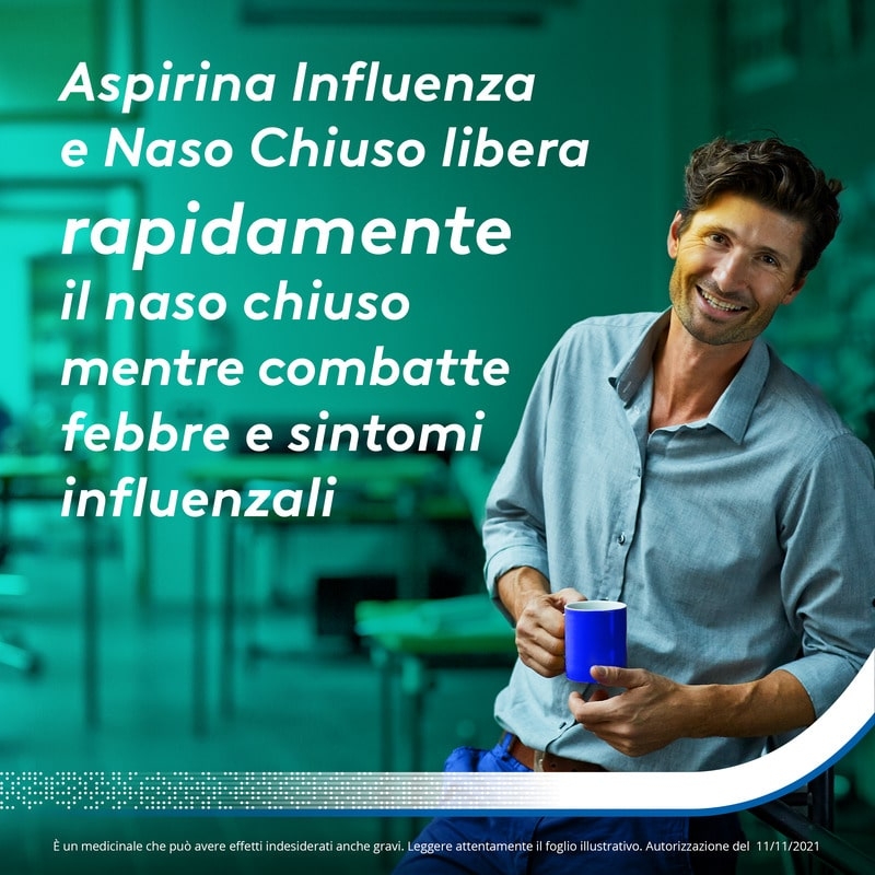 Aspirina Influenza e Naso Chiuso, Granulato per Soluzione Orale, 500mg Acido Acetilsalicilico + 30mg Pseudoefedrina, Effetto Antipiretico e Decongestionante, 10 Bustine