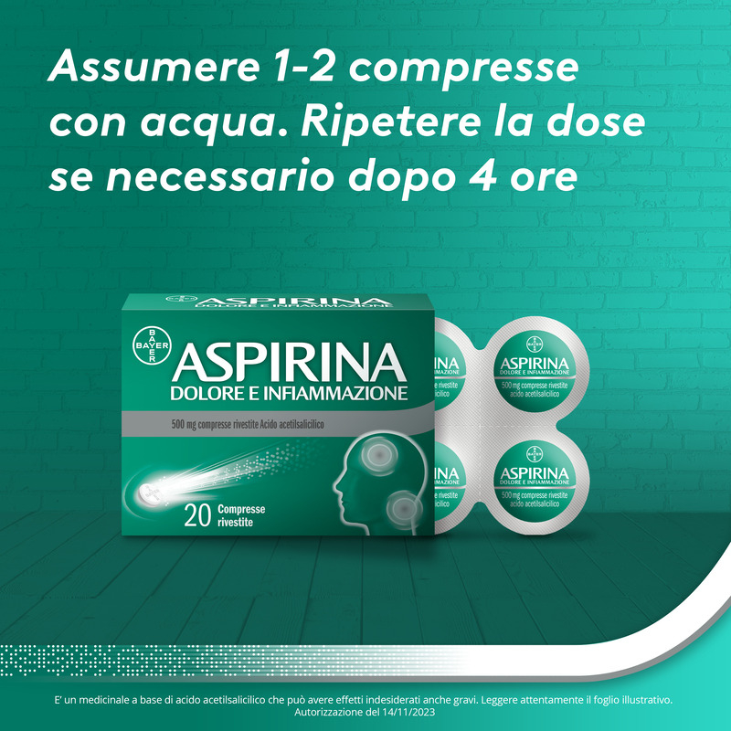 Aspirina Dolore e Infiammazione, Antidolorifico e Antinfiammatorio, contro Dolori Muscolari e Articolari, Cervicale, Mal di Testa, Mal di Schiena, 20 Compresse Rivestite