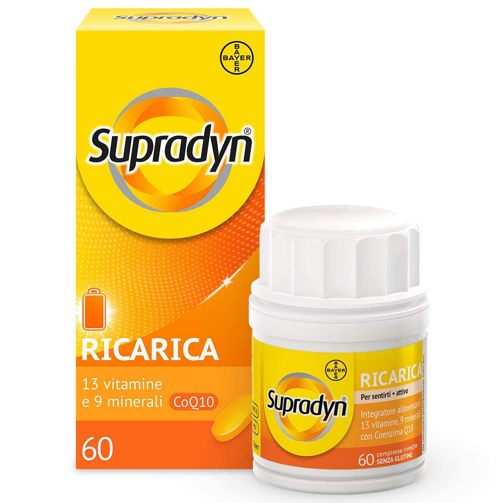Supradyn Ricarica Integratore Multivitaminico Completo con Vitamine A, B, C, D, E, K, Minerali e Coenzima Q10 contro la Stanchezza, Gusto Arancia, 60 Compresse Rivestite