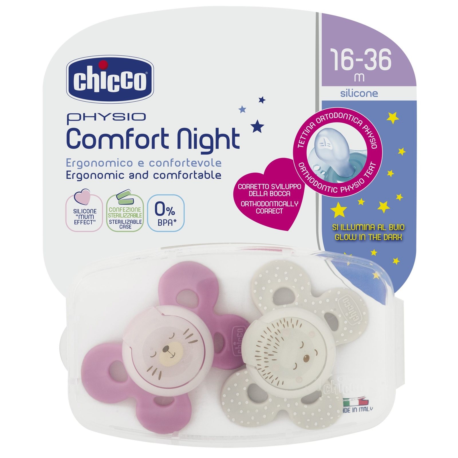 Chicco Physio Comfort Night Succhietti Silicone 16-36m Rosa 2 Pezzi