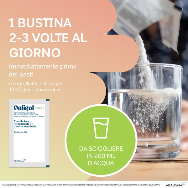 Onligol Fibre, integratore lassativo a base di fibre di Psyllium - utile in caso di stitichezza - Gusto Pesca 20 Bustine