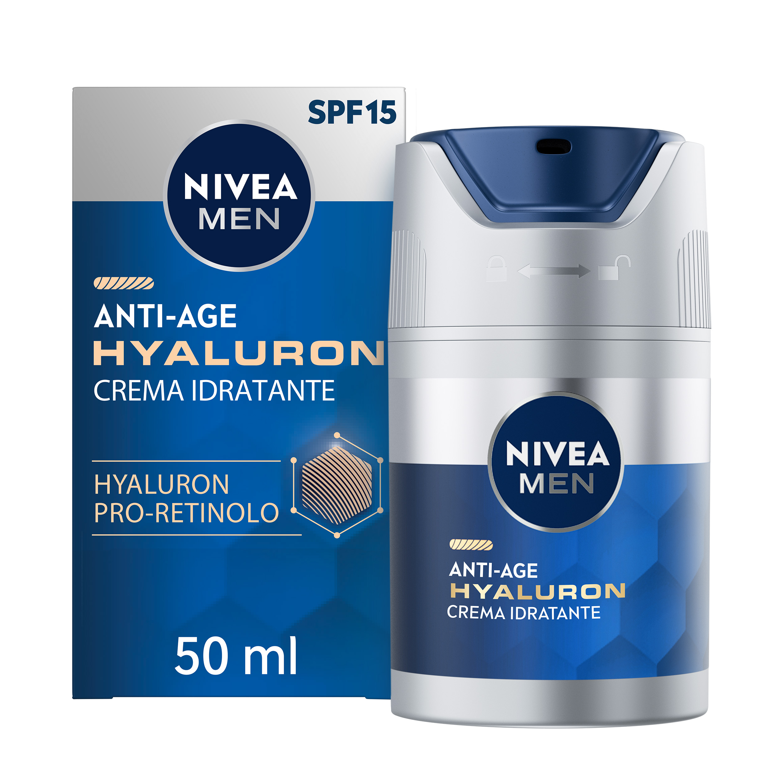 Nivea Men Anti-Age Hyaluron Crema Viso Idratante FP15 50 ml, Crema viso uomo antirughe pelli mature