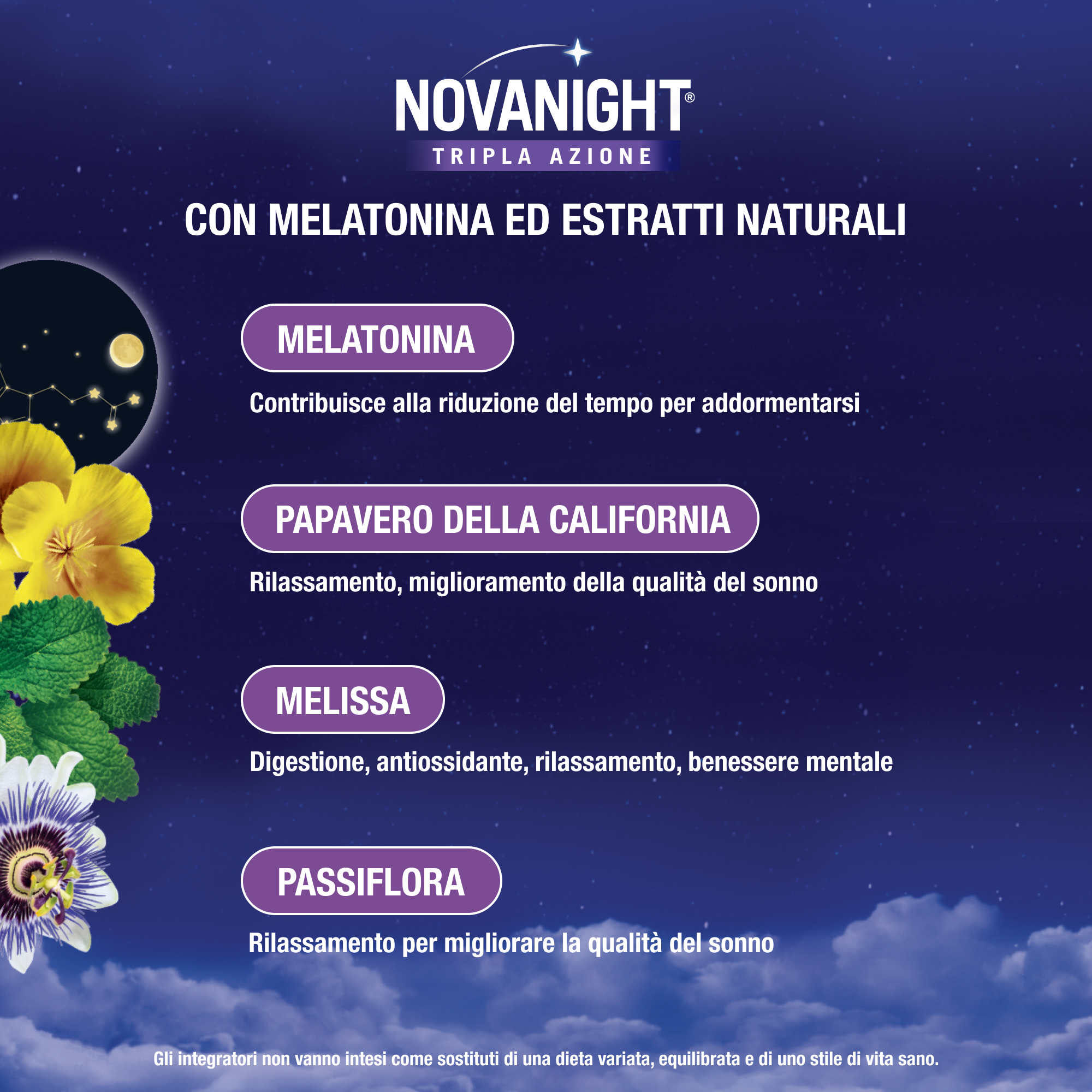 NOVANIGHT Tripla Azione Sonno Rigenerante, Integratore Alimentare con Melissa e Melatonina per Dormire, Senza Glutine, 30 Compresse, Non Induce Dipendenza