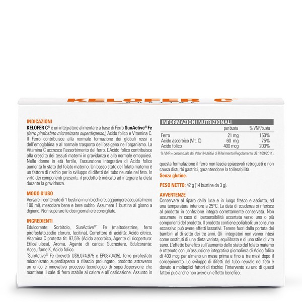 Kelofer C Integratore di Ferro Acido Folico e Vitamina C 14 Bustine