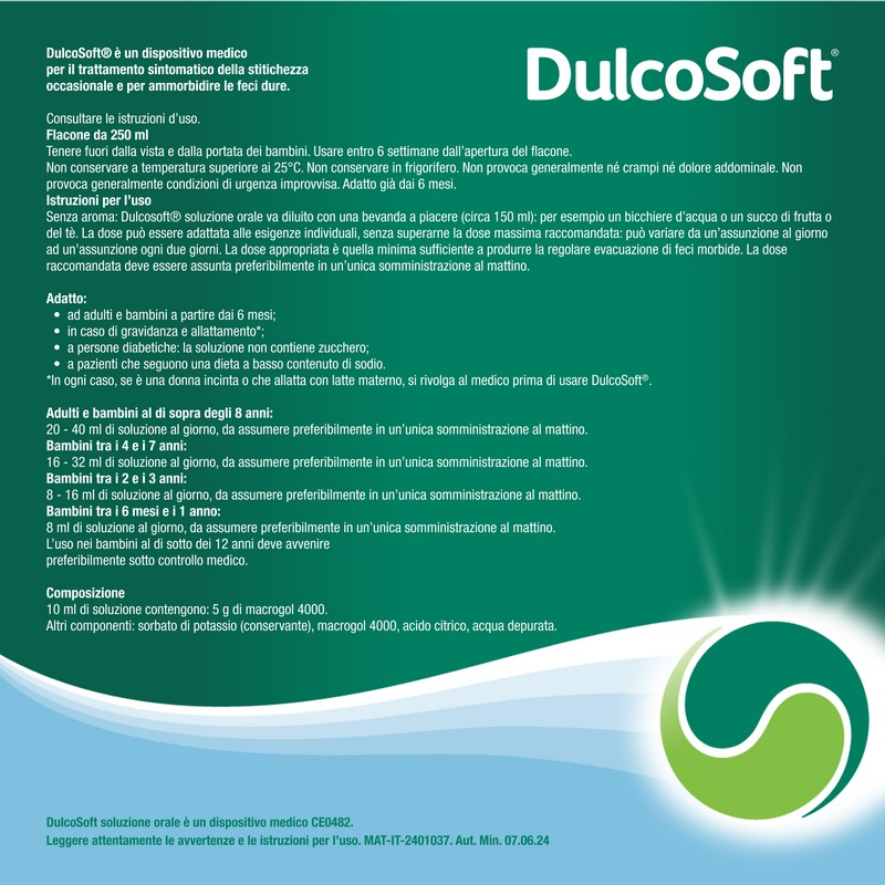 Dulcosoft Dispositivo Medico, Soluzione Orale Liquida, Flacone da 250 ml Lassativo, Stitichezza, Sollievo, Senza Glutine, Senza Zucchero, Adulti, Bambini 