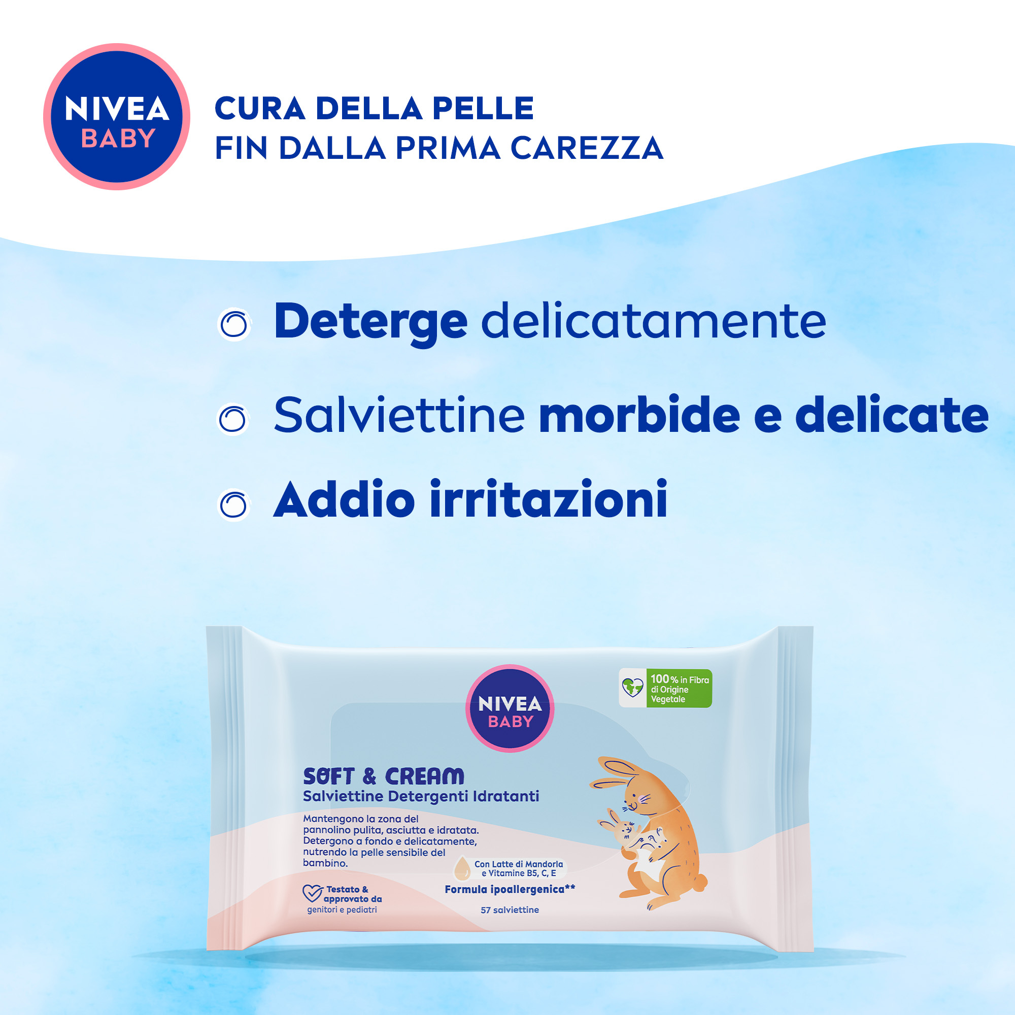 Nivea Baby Salviettine Detergenti Idratanti Soft & Cream 57 Pezzi, Salviette neonato detergenti