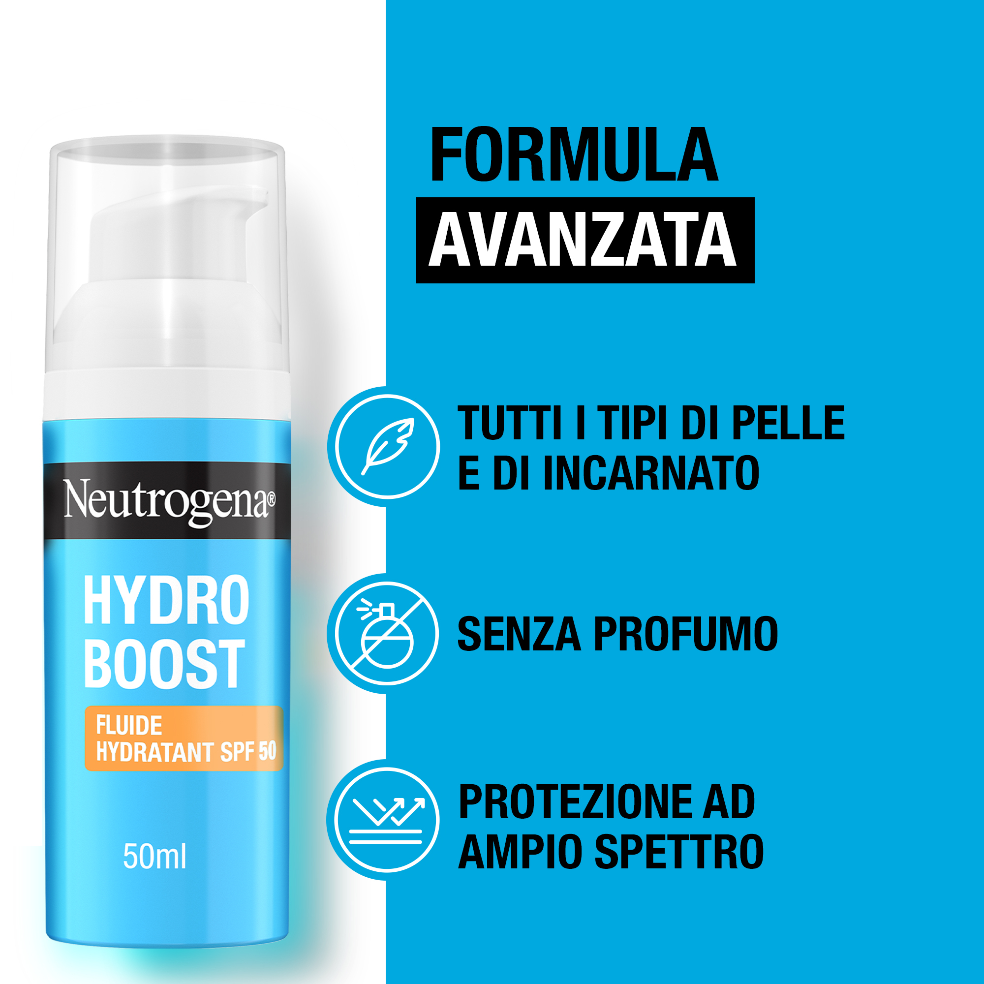 Neutrogena Hydro Boost Fluido Idratante SPF 50 50 ml, Crema solare viso 50 contro i raggi UVA/UVB