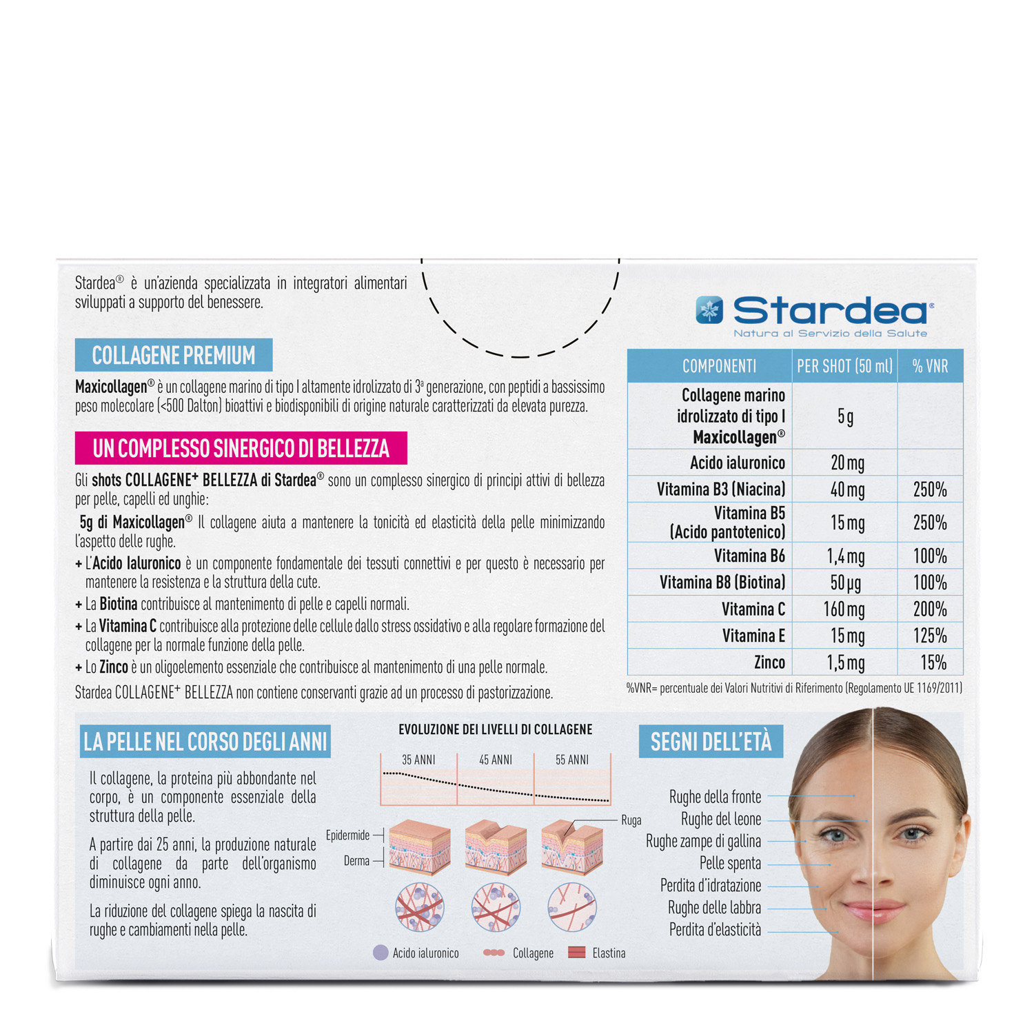 STARDEA COLLAGENE + BELLEZZA SHOT DA BERE - Integratore da bere a base di 5g di collagene Marino di tipo 1 e Acido Ialuronico - 8 shots da 50 ml
