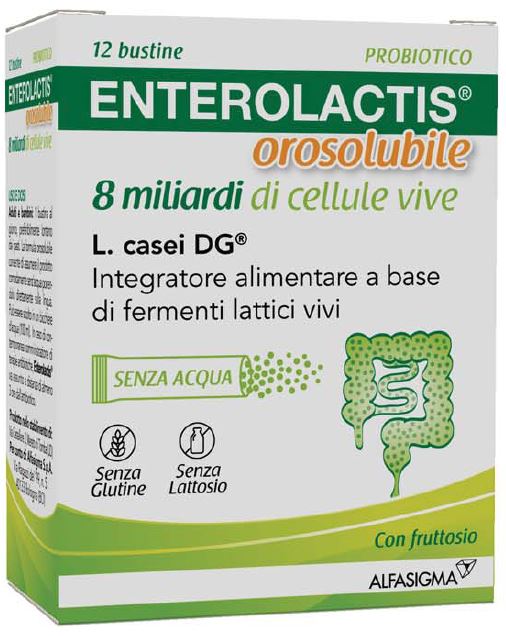 Enterolactis Orosolubile, Integratore Alimentare con Fermenti lattici, probiotici L, Casei DG, 8 Miliardi Cellule Vive, Con Fruttosio, Senza Glutine e Lattosio, 12 Bustine Orosolubili, Gusto Vaniglia