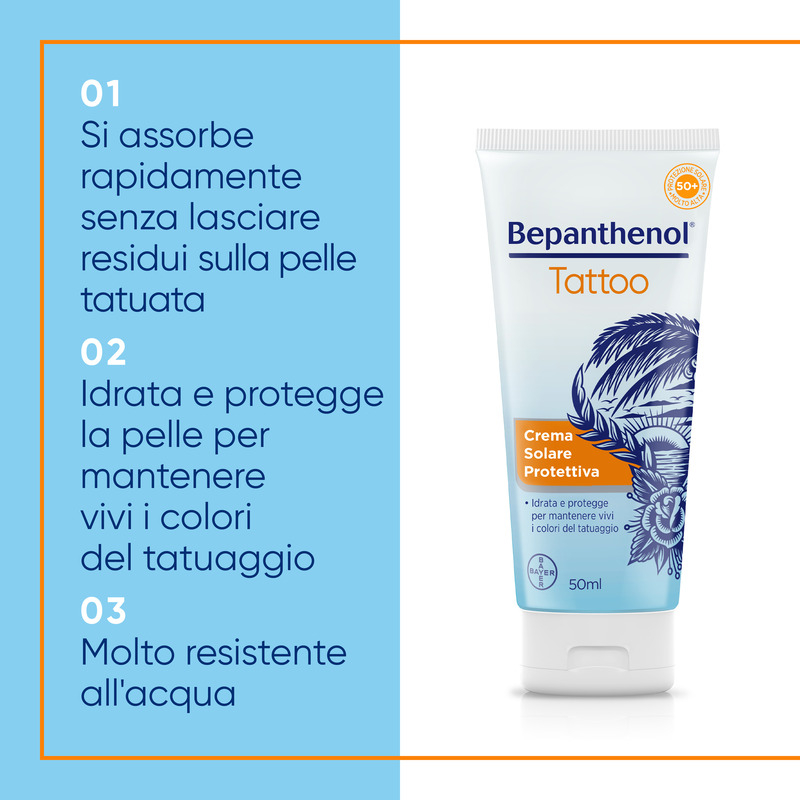 Bepanthenol Tattoo Crema Protezione Solare Molto Alta SPF50+ per Tatuaggio, con Pantenolo, Protegge, Idrata e Rigenera la Pelle Tatuata, 50ml