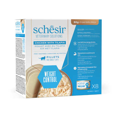 SCHESIR GATTO VETERINARY SOLUTIONS WEIGHT CONTROL FILETTI POLLO CON TILAPIA 8X80GR (lattina) - MULTIPACK