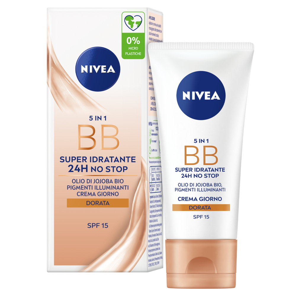 Nivea 5 in 1 BB Cream Super Idratante 24H No Stop Dorata 50 ml, Crema viso colorata con SPF15