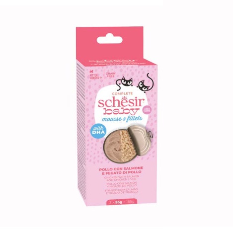 SCHESIR GATTO BABY MOUSSE & FILLETS GRAIN FREE KITTEN POLLO SALMONE FEGATO 3x55GR (lattina)