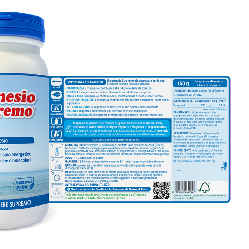 Magnesio Supremo Natural Point - Integratore per stanchezza e stress - 150 g