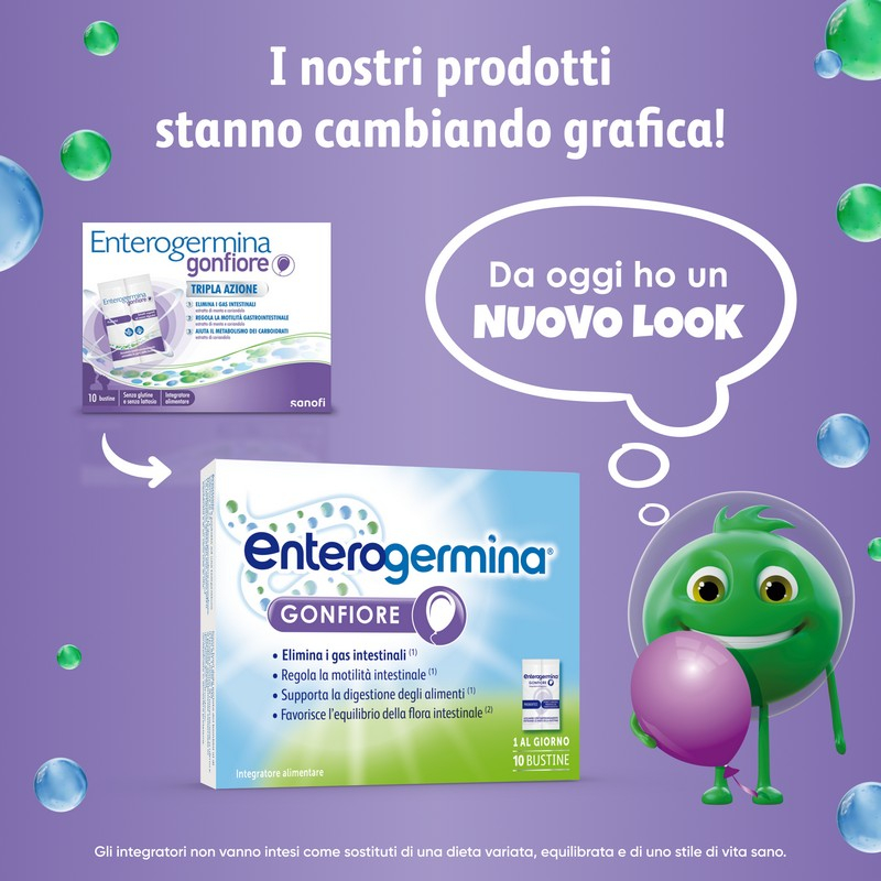 Enterogermina Gonfiore 10 bustine, Integratore Alimentare con Probiotici, Enzimi Digestivi e Fermenti Lattici per Adulti Contro Gonfiore Addominale, Gusto Pesca