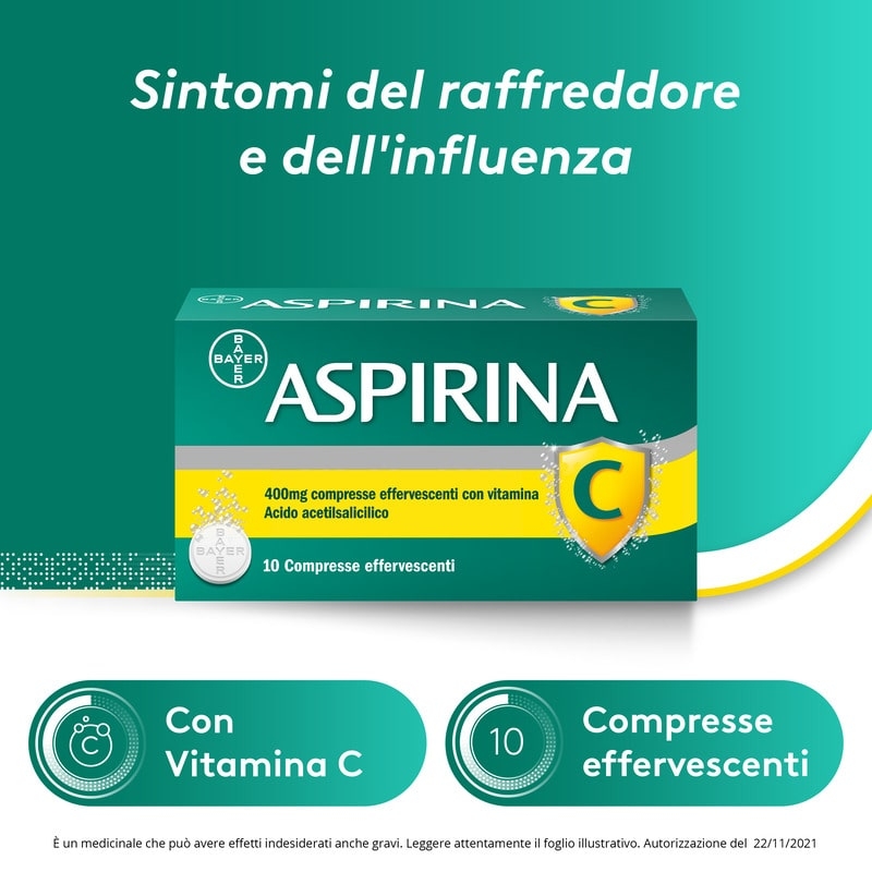 Aspirina C, contro sintomi di Raffreddore, Influenza e Febbre, 400 mg di Acido Acetilsalicilico + 240 mg di Vitamina C, antinfiammatorio e analgesico, 10 Compresse Effervescenti