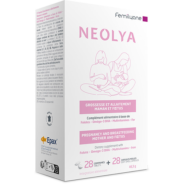 Neolya Gravidanza e Allattamento a base di Folato, Omega 3, DHA, Vitamine e Ferro - 28cpr + 28cps Molli