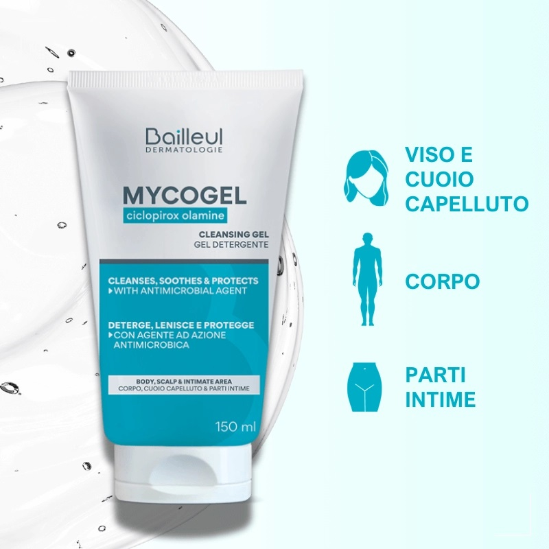 Mycogel Detergente Schiumogeno per l'igiene che deterge, lenisce e protegge la pelle sensibile soggetta a micosi - 150 ml