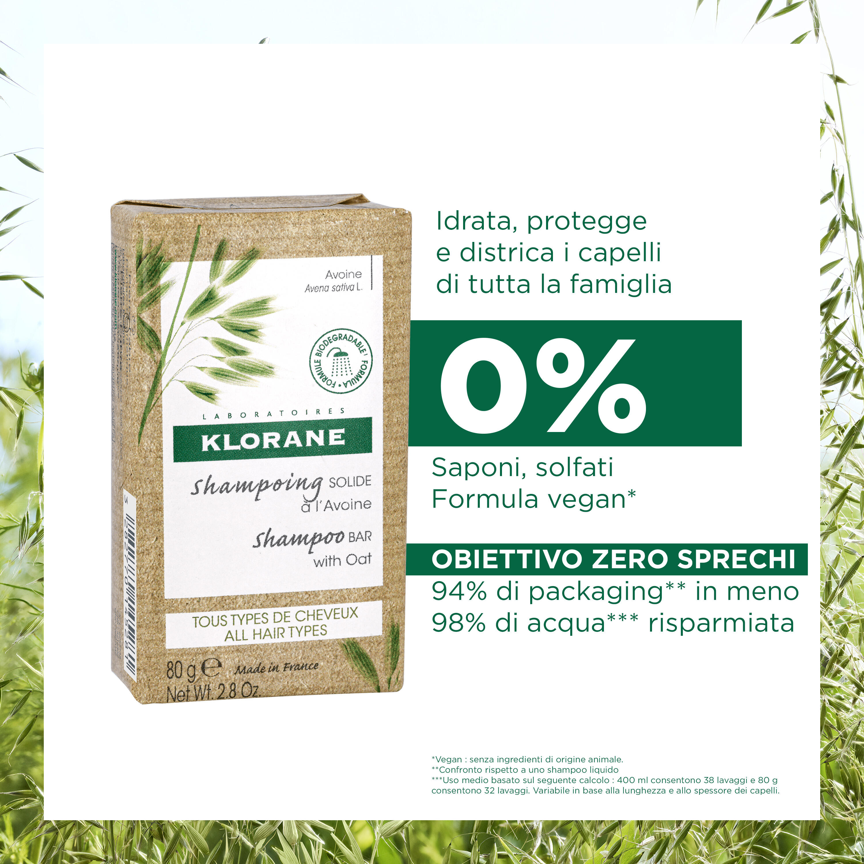 Klorane - Shampoo Solido All'Avena Per Tutti I Tipi Di Capelli 80 g
