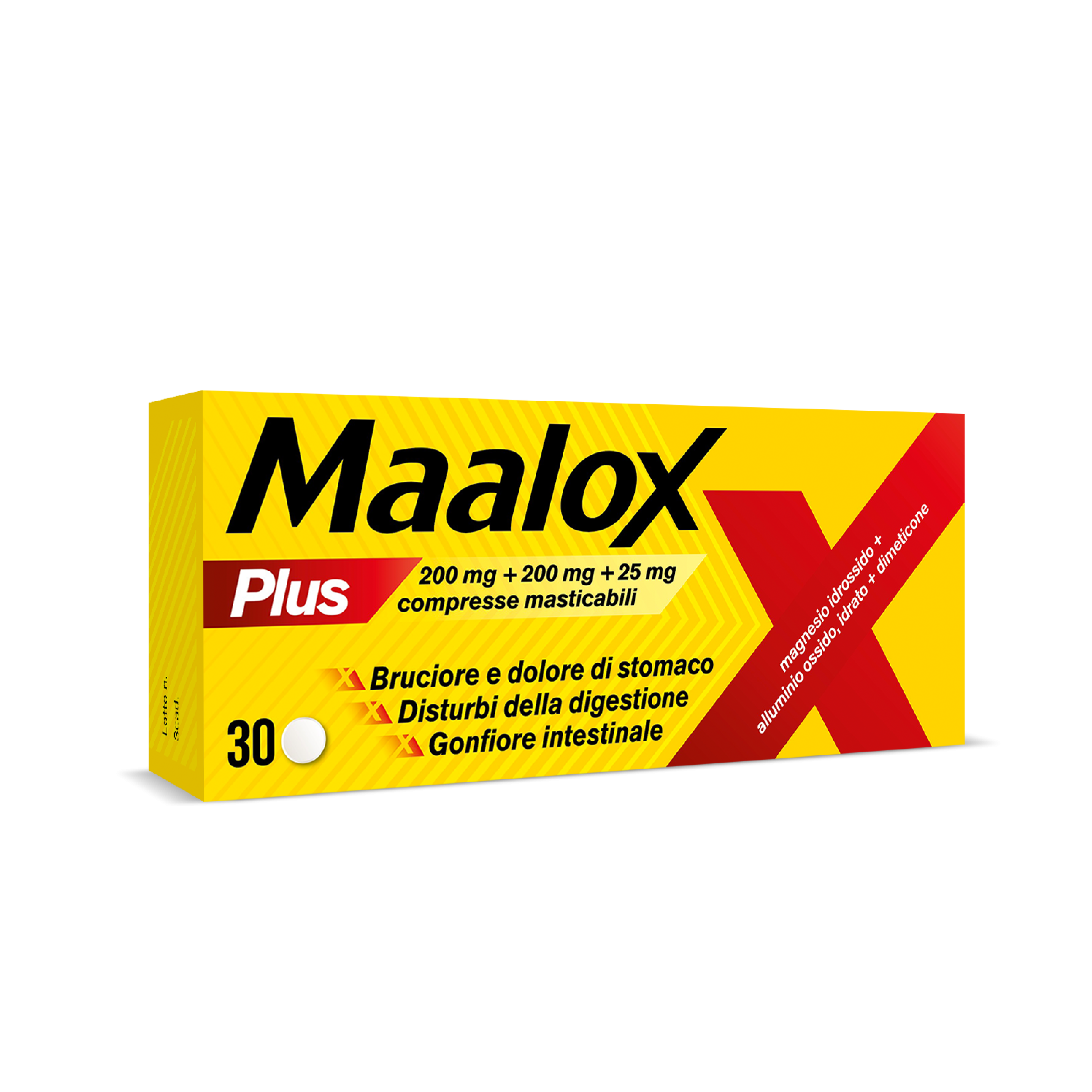 Maalox Plus azione rapida contro bruciore e acidità di stomaco, 30 cpr