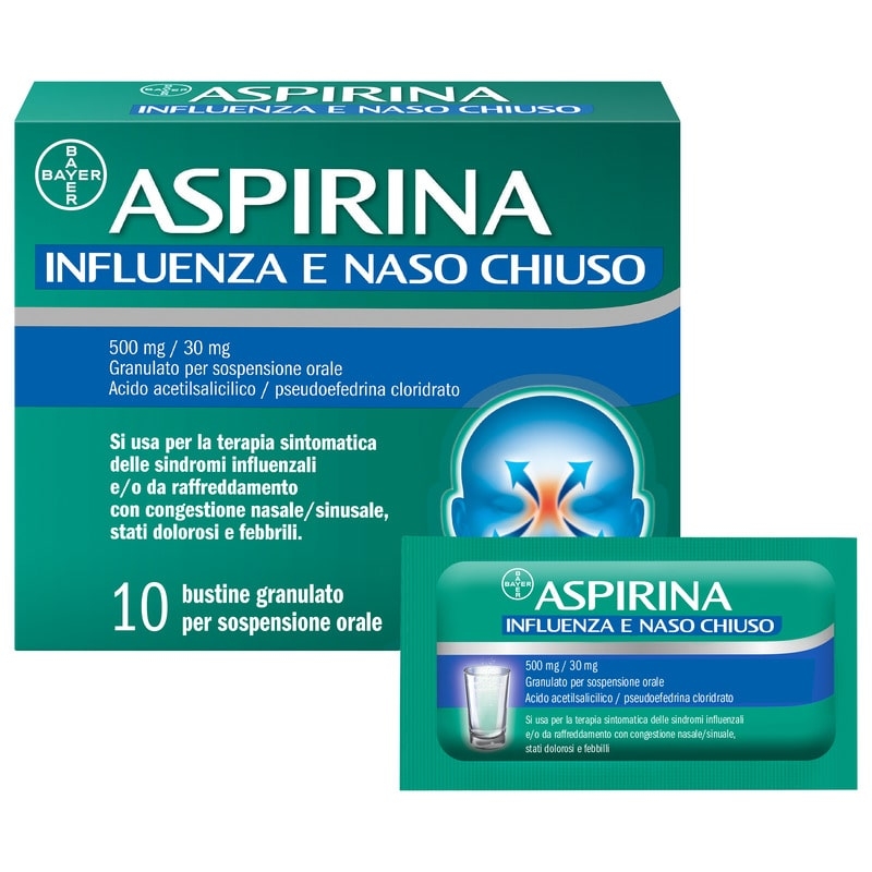 Aspirina Influenza e Naso Chiuso, Granulato per Soluzione Orale, 500mg Acido Acetilsalicilico + 30mg Pseudoefedrina, Effetto Antipiretico e Decongestionante, 10 Bustine