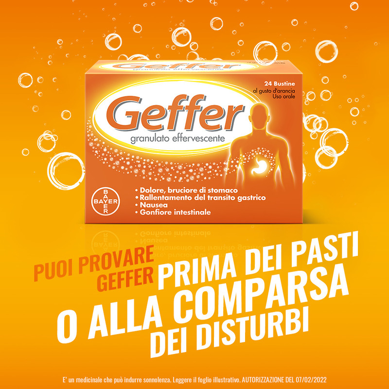 Geffer Granulato Effervescente, per Iperacidità, Dolore e Bruciore di stomaco,  favorisce la Digestione, contrasta Nausea, Gonfiore e Meteorismo, Gusto Arancia, 24 Bustine