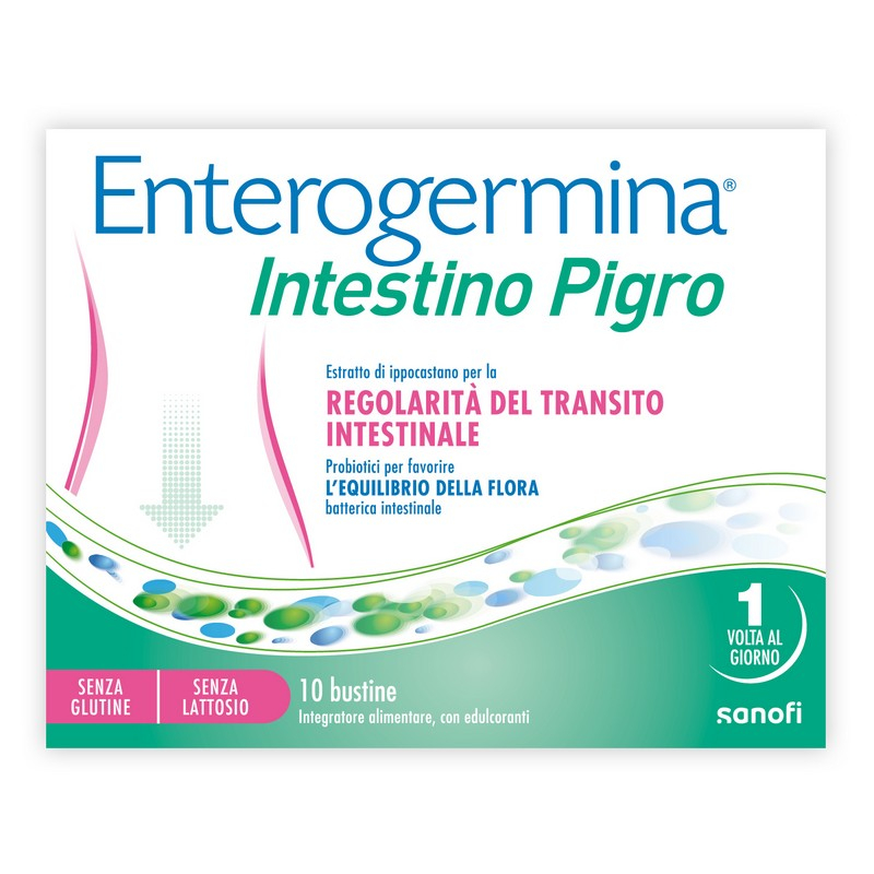Enterogermina Intestino Pigro 10 bustine, Fermenti Lattici, Probiotici, prebiotici (FOS), Integratore Regolarità Intestinale, con Psillio, Ibisco, Ippocastano, Opuntia, Gusto Frutti di Bosco