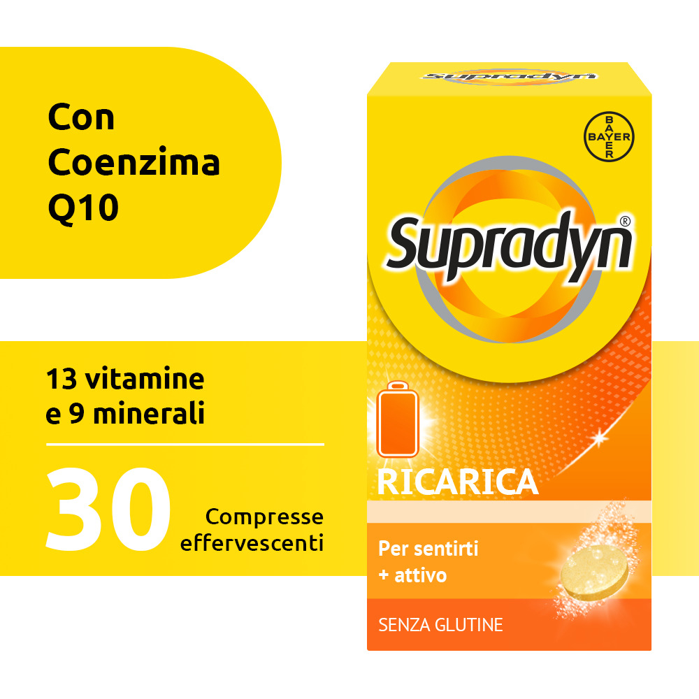 Supradyn Ricarica Integratore Multivitaminico Completo con Vitamine A, B, C, D, E, K, Minerali e Coenzima Q10 contro la Stanchezza, Gusto Arancia, 30 Compresse Effervescenti