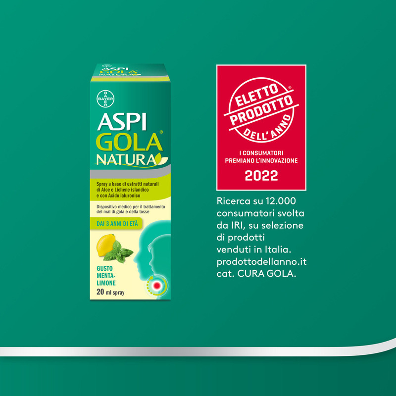 Aspi Gola Natura Spray, con estratti naturali di Aloe, Acido Ialuronico e Lichene Islandico, contro Mal di Gola e Tosse associata, Gusto Menta e Limone, Flacone da 20ml