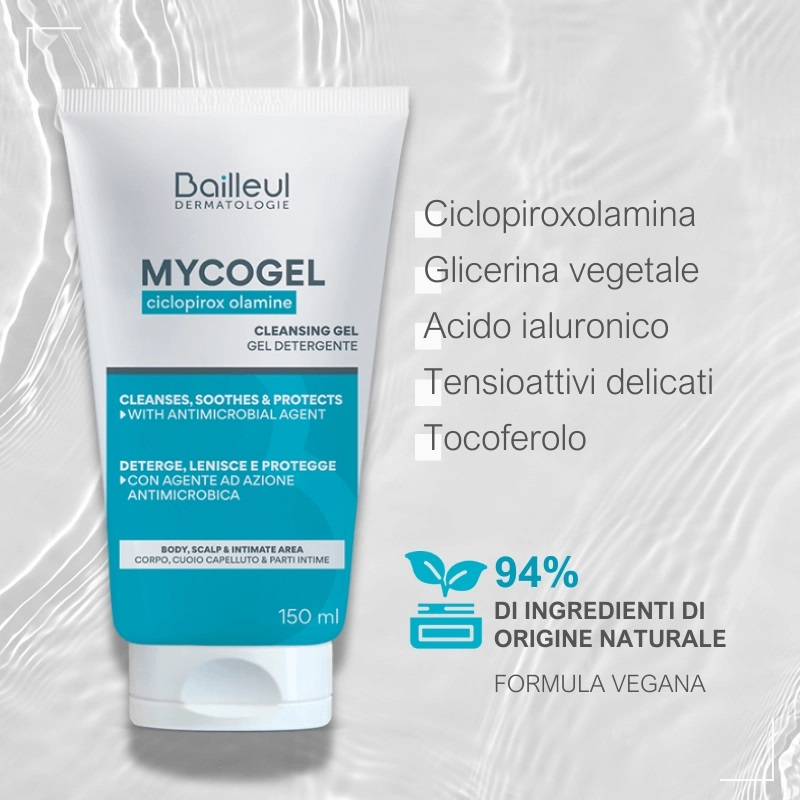 Mycogel Detergente Schiumogeno per l'igiene che deterge, lenisce e protegge la pelle sensibile soggetta a micosi - 150 ml