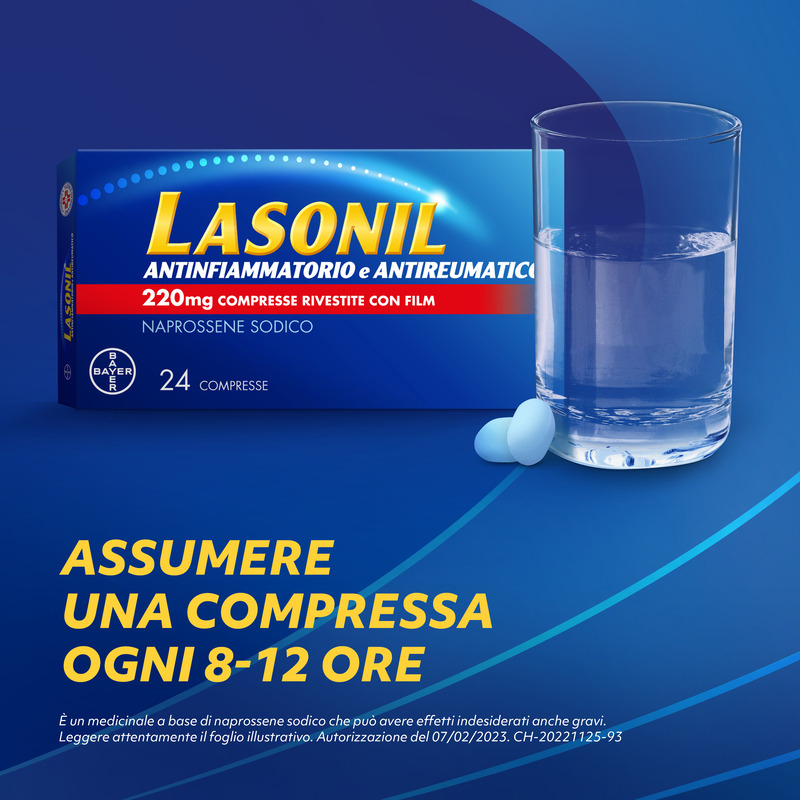 Lasonil Antinfiammatorio e Antidolorifico, Per trattamento di Mal di Schiena, Dolori Muscolari e Articolari, con 220mg di Naprossene Sodico, 24 Compresse Rivestite