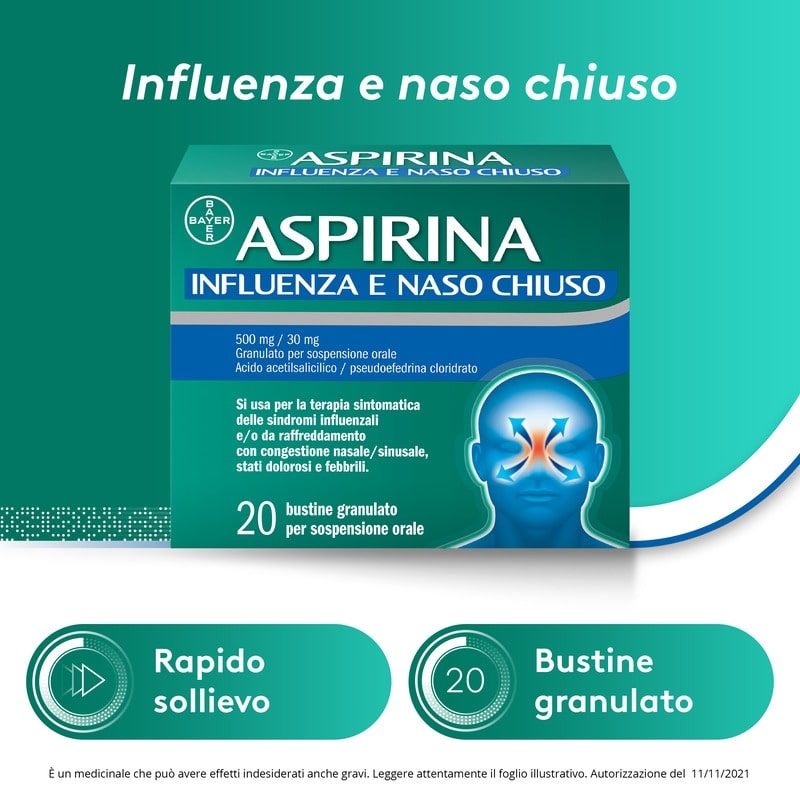 Aspirina Influenza e Naso Chiuso, Granulato per Soluzione Orale, 500mg Acido Acetilsalicilico + 30mg Pseudoefedrina, Effetto Antipiretico e Decongestionante, 20 Bustine