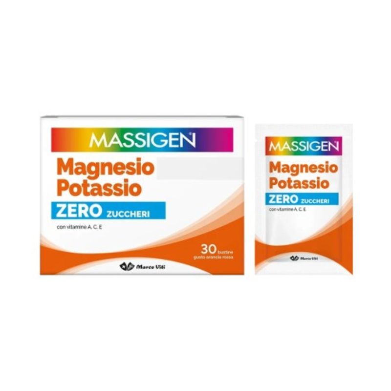 Massigen - Magnesio E Potassio Zero Zuccheri 30 Bustine Gusto Arancia Rossa - Integratore Di Vitamine E Minerali