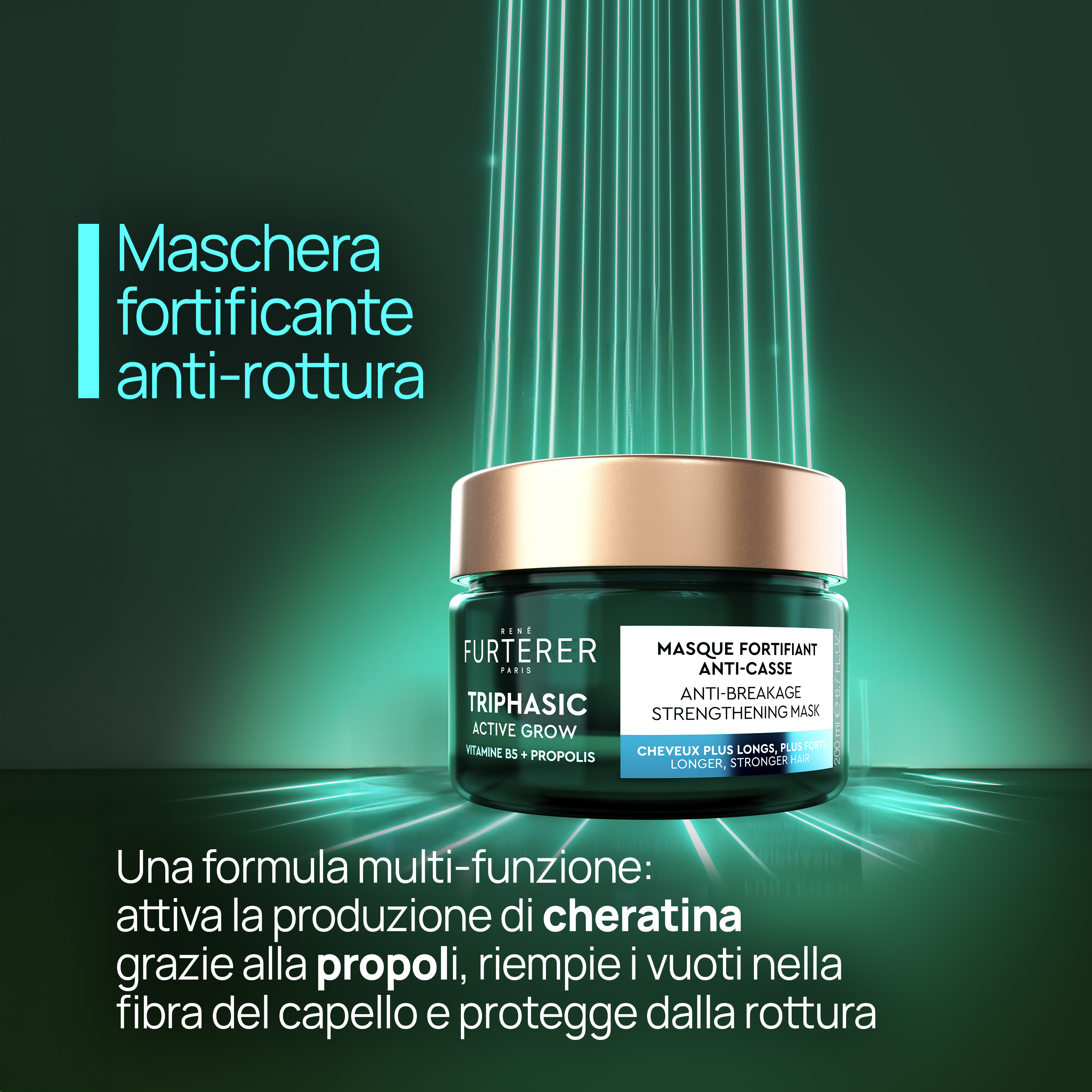 René Furterer Triphasic Active Grow Maschera fortificante anti-rottura, accelera la crescita dei capelli, vitamina B5, lunghezze indebolite, 200ml 