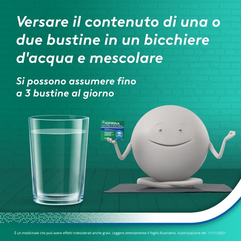 Aspirina Influenza e Naso Chiuso, Granulato per Soluzione Orale, 500mg Acido Acetilsalicilico + 30mg Pseudoefedrina, Effetto Antipiretico e Decongestionante, 10 Bustine