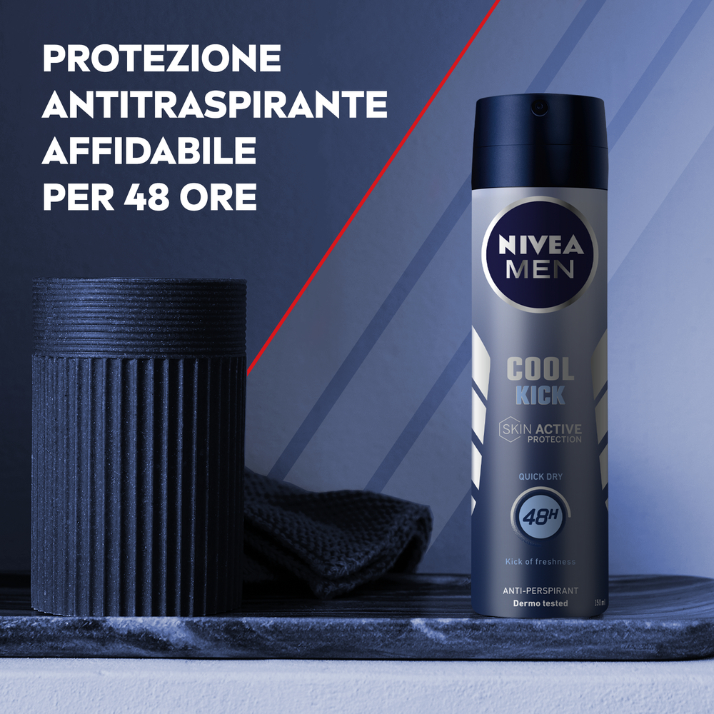 Nivea Men Cool Kick Spray 150 ml, Deodorante uomo antitraspirante per 48 ore di intensa freschezza
