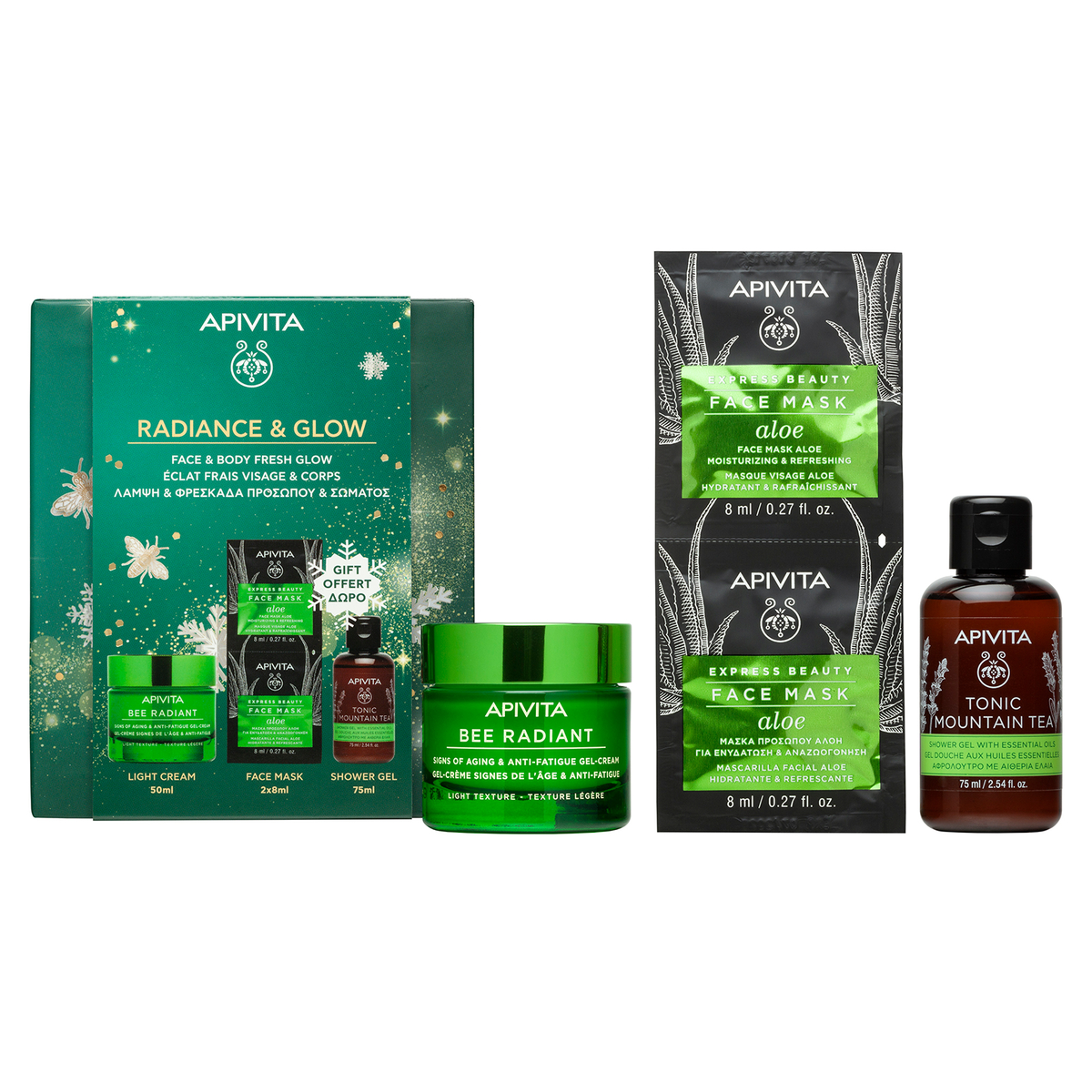 Apivita Radiance & Glow Cofanetto Regalo - Crema Leggera 50 ml + Gel Doccia 75 ml + 2 Maschere Aloe Viso