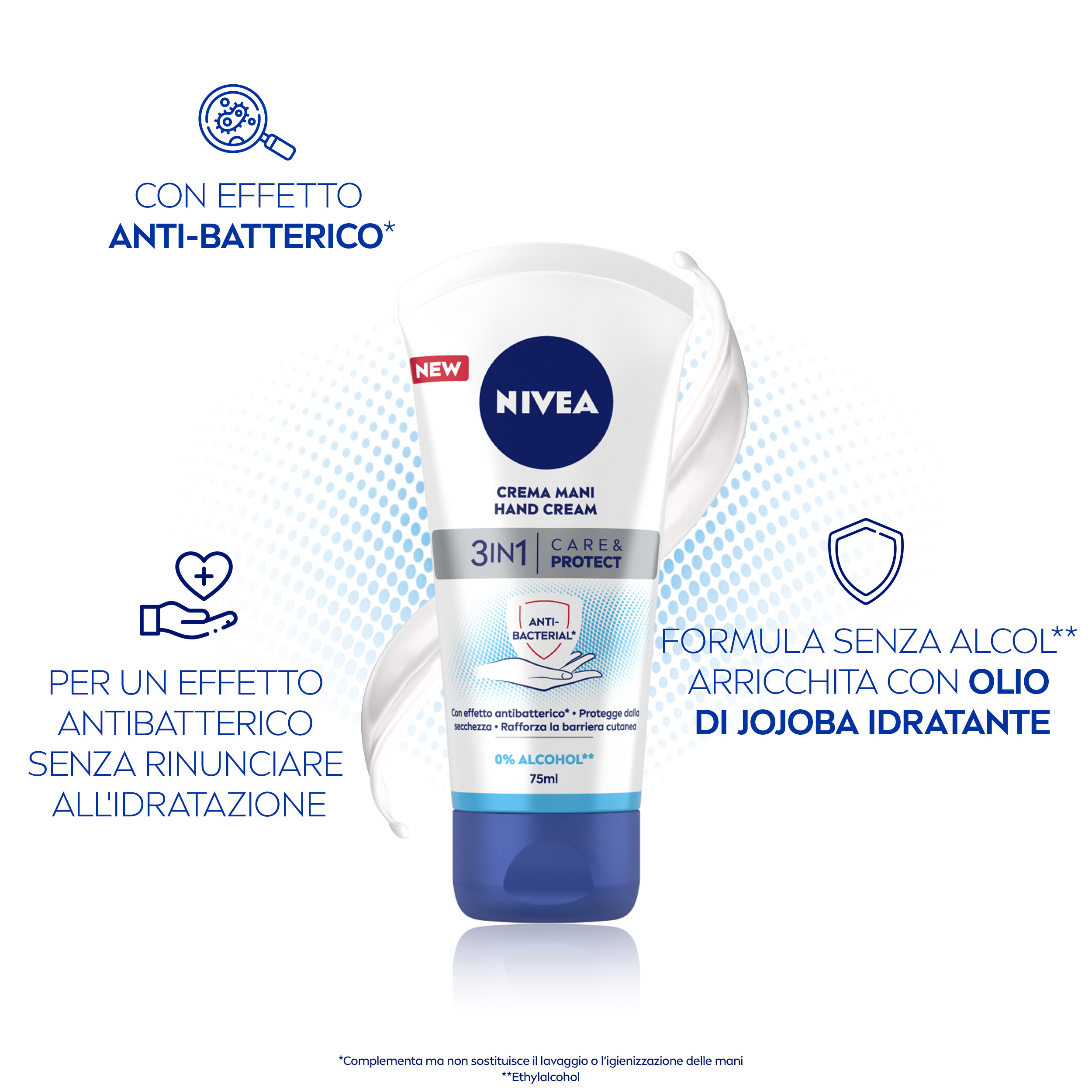 Nivea Crema Mani 3in1 Care & Protect con Effetto Antibatterico 75 ml, Crema antibatterica mani