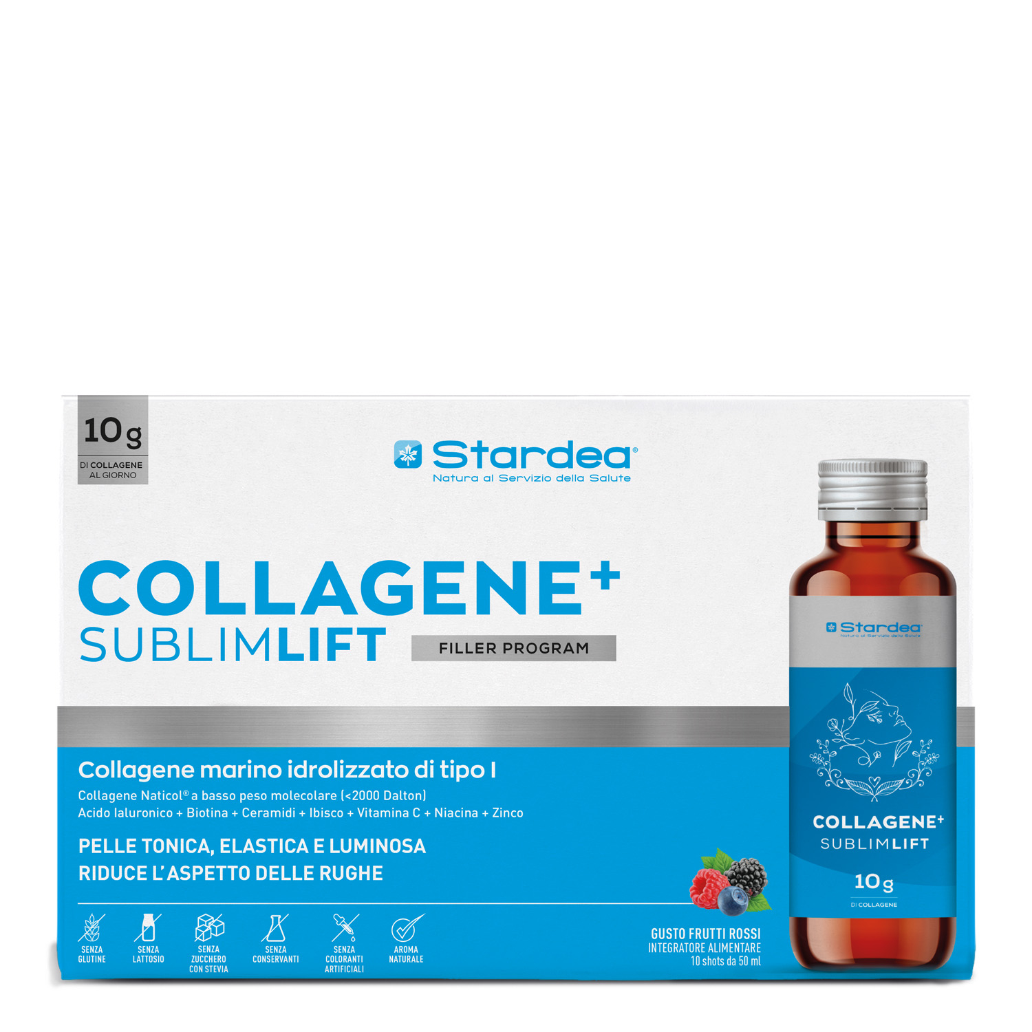 STARDEA COLLAGENE + SUBLIMLIFT SHOT DA BERE - INTEGRATORE ALIMENTARE  a base di 10G di collagene marino DI TIPO 1 E ACIDO IALURONICO PER LA BELLEZZA DELLA PELLE