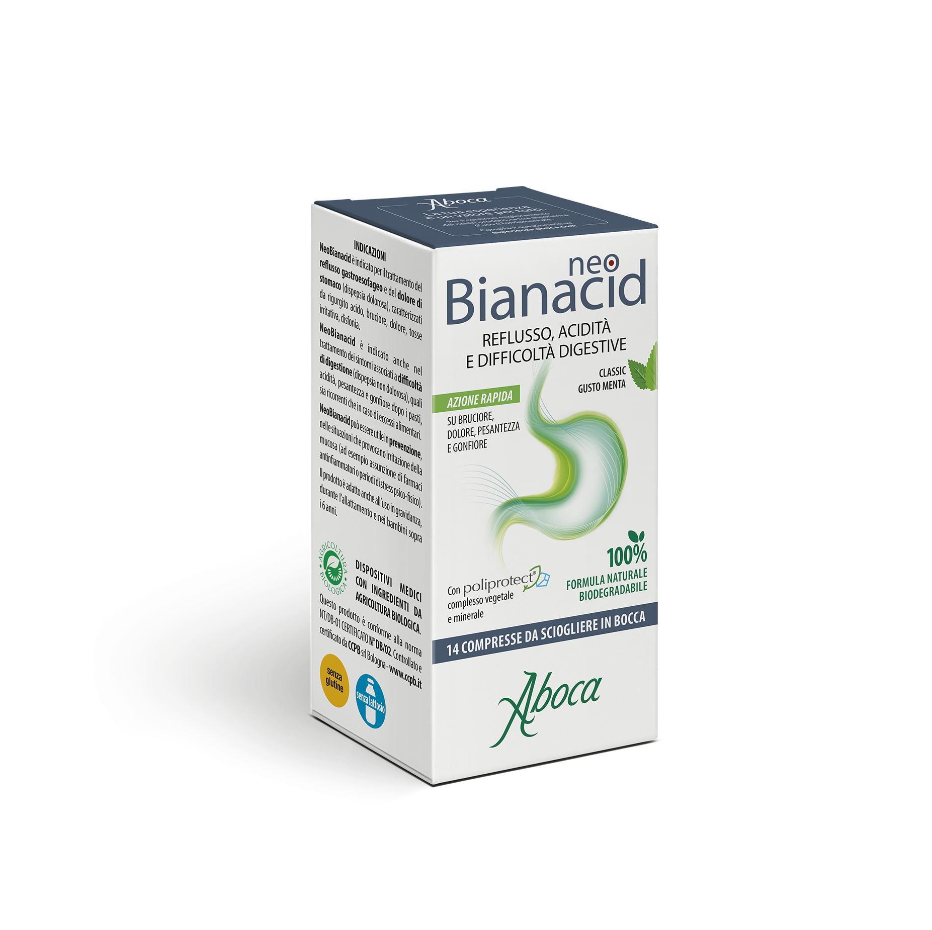 Aboca - NeoBianacid 14 Compresse Gusto Menta Per Reflusso, Acidità E Difficoltà Digestive - Dispositivo Medico Classe III