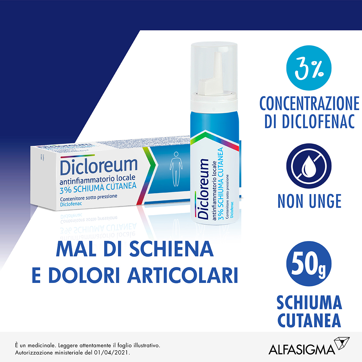 Dicloreum Antinfiammatorio Locale 3% per dolori muscolari e dolori articolari - Schiuma Cutanea 50 g
