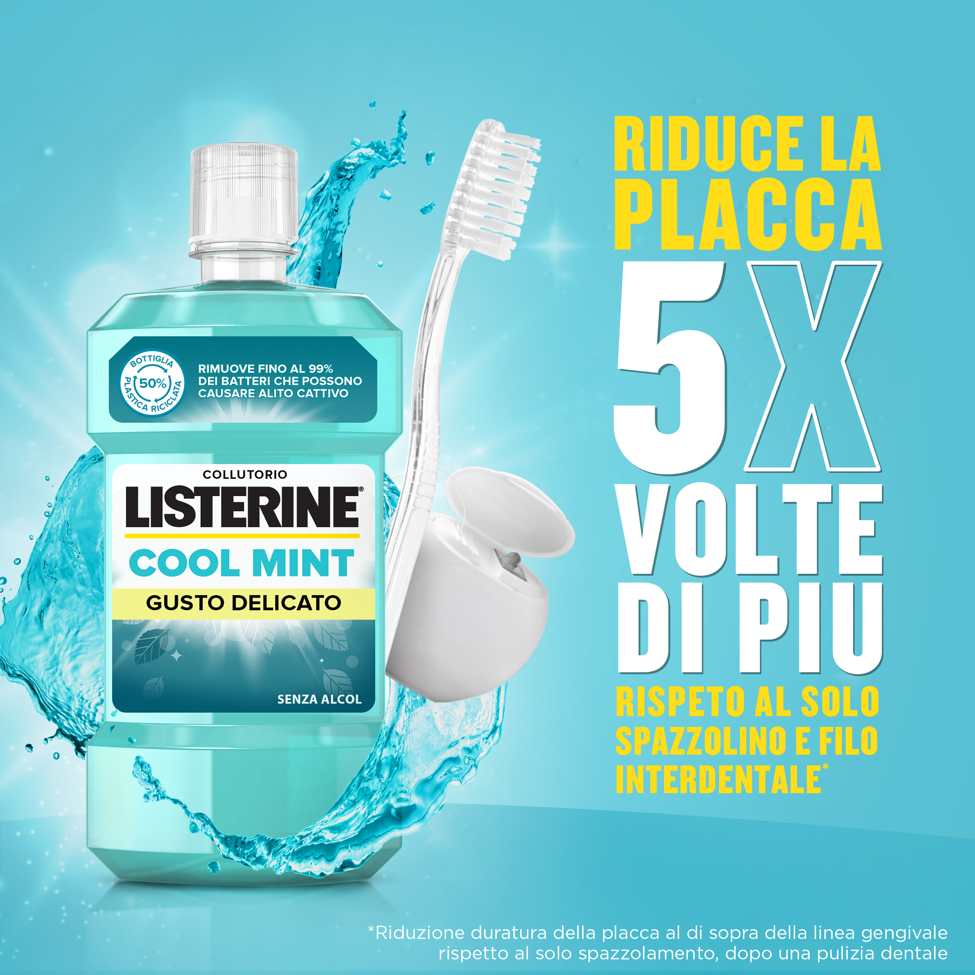 Listerine, Collutorio, Cool Mint, Gusto Delicato, Menta, Alito Fresco, Senza Alcol, 500ml