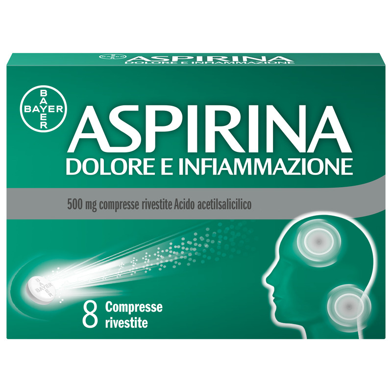 Aspirina Dolore e Infiammazione, Antidolorifico e Antinfiammatorio, contro Dolori Muscolari e Articolari, Cervicale, Mal di Testa, Mal di Schiena, 8 Compresse Rivestite